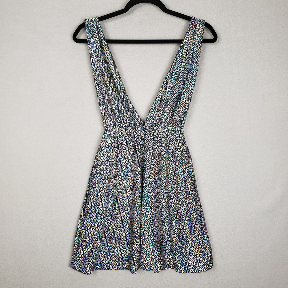 LUX LA Size S Plunge Neck‎ Glitter Mini Dress Black Iridescent Cocktail Party
